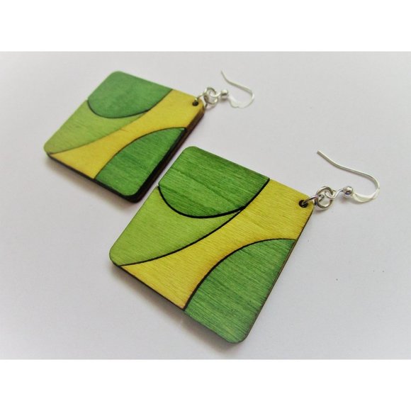 Green, yellow and khaki square wooden earring hobo earring - stainless steel - Picture 3 of 6